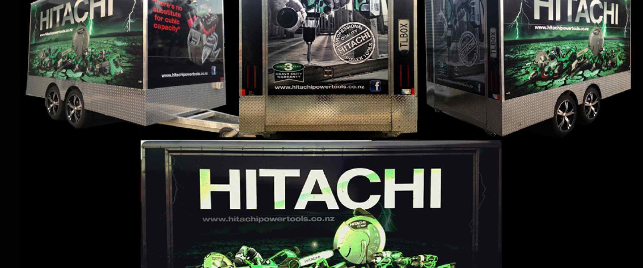 Hitachi back trailer commercial graphic, reflective vinyl, 3M vinyl cutting, full car wrapping, high quality digital print and cut, air release laminating